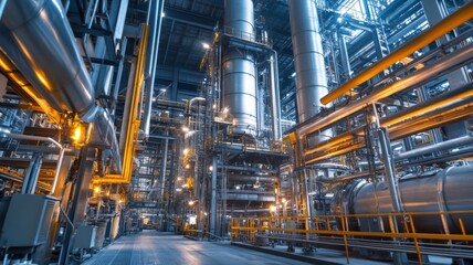 Obraz premium Modern Industrial Factory Interior with Advanced Machinery and Metal Pipes in a High-Tech Manufacturing Facility