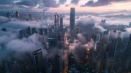 Aerial view of a city at dusk with skyscrapers, clouds, and vibrant sky hues.