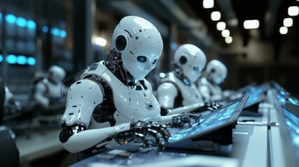 Fototapeta premium Futuristic Robots Working on Computers in a High-Tech Office Environment with Blue Lighting