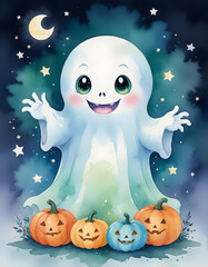 Fototapeta premium Cute Halloween background happy ghost and pumpkins