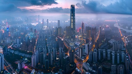 Aerial view of a city at dusk with skyscrapers, clouds, and vibrant sky hues.