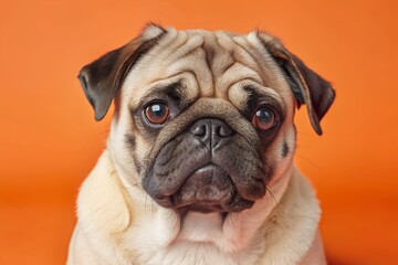 Obraz premium Grumpy black pug dog with adorable expression on orange background , pug, dog, black, grumpy, adorable, pet, animal, cute
