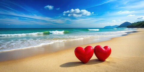 Fototapeta premium Vibrant red hearts sit side by side on a serene beach, overlooked by a tranquil ocean with gentle waves and a clear blue sky above.