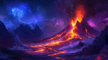 eruption fire in the volcano mountains