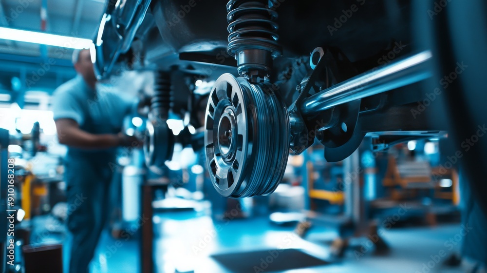 Poster a mechanic is focused on repairing a vehicle's engine components in a well-lit automotive workshop.