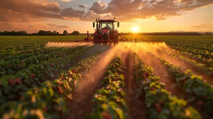 Fototapeta premium Tractor Spraying Crops at Sunset in Vibrant Agricultural Landscape