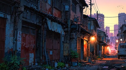 Fototapeta premium dystopian slums povertystricken gritty areas of a dyst flat anime