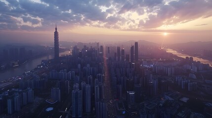 Fototapeta premium Aerial view of a city at dusk with skyscrapers, clouds, and vibrant sky hues.