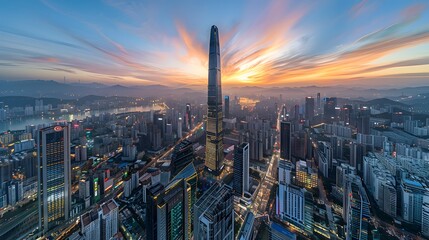 Aerial view of a city at dusk with skyscrapers, clouds, and vibrant sky hues.