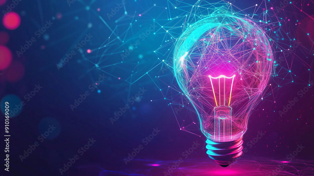 Poster abstract light bulb made of glowing dots and lines on a dark background, representing the concept of
