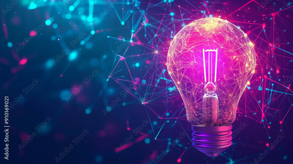 Poster abstract light bulb made of glowing dots and lines on a dark background, representing the concept of