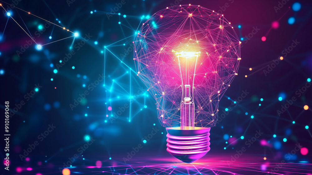 Poster abstract light bulb made of glowing dots and lines on a dark background, representing the concept of