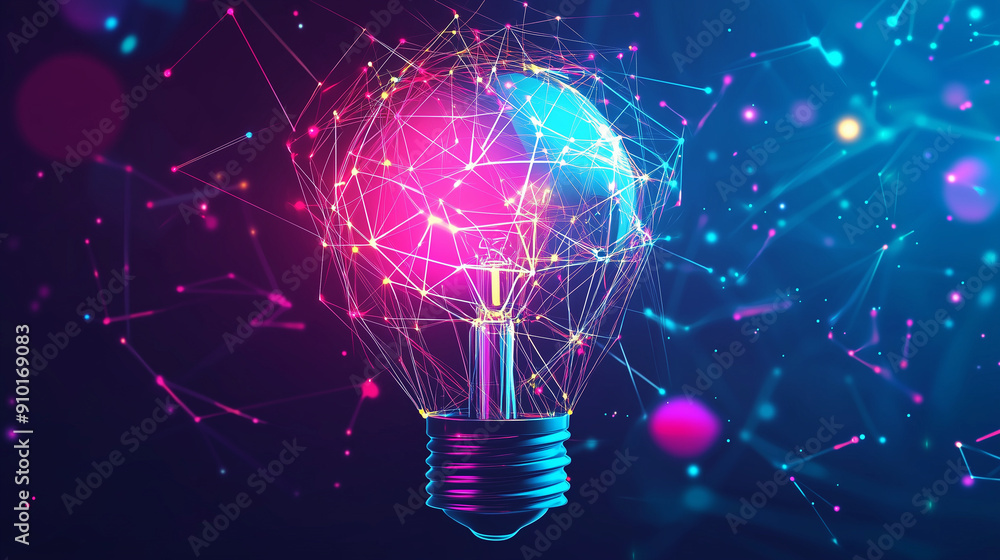 Poster abstract light bulb made of glowing dots and lines on a dark background, representing the concept of