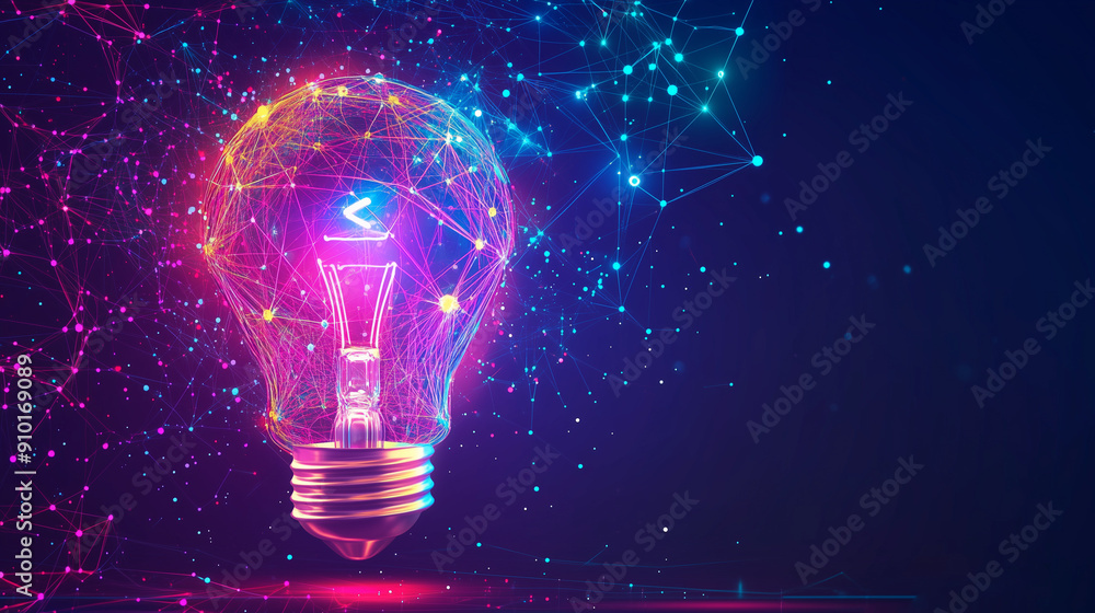 Poster abstract light bulb made of glowing dots and lines on a dark background, representing the concept of
