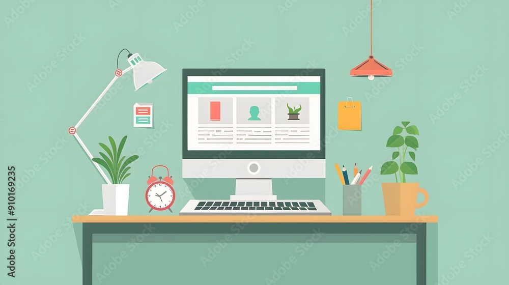 Poster flat vector illustration of modern minimalist workspace with laptop on modern desk. the web page sho