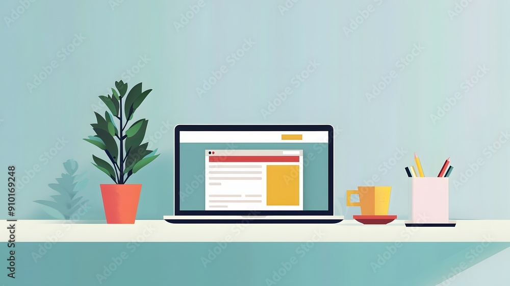 Poster flat vector illustration of modern minimalist workspace with laptop on modern desk. the web page sho