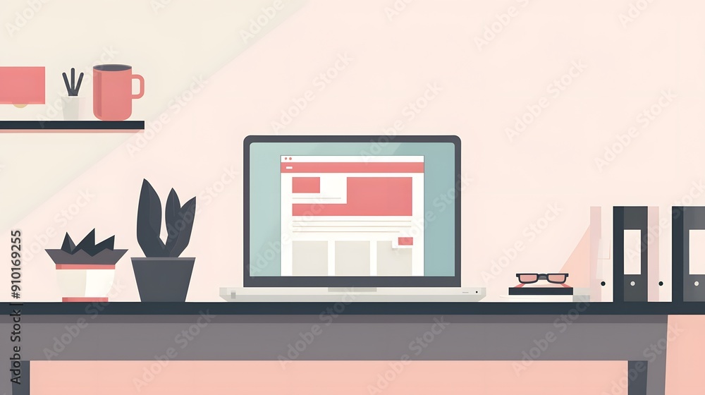Poster flat vector illustration of modern minimalist workspace with laptop on modern desk. the web page sho
