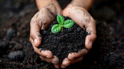 A close-up of hands holding rich soil with a young plant sprouting, symbolizing growth and environmental stewardship