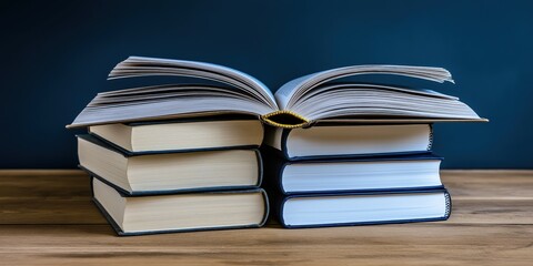 Fototapeta premium A stack of open books on a wooden table isolated against a blue background. Space for copy. Reading and leisure concept.