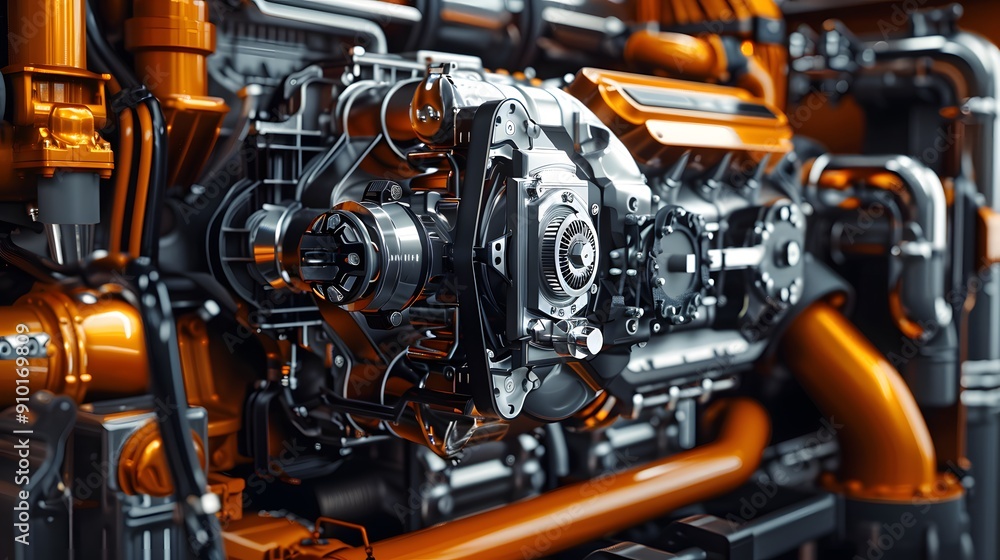 Poster advanced 3d visualization of a heavy-duty engine with exploded views of the turbocharger and interco
