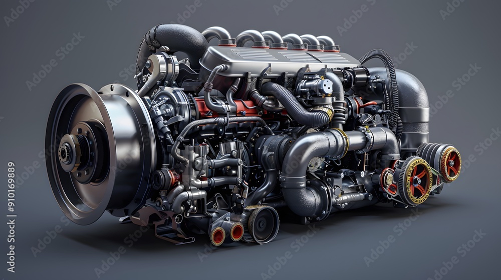 Poster advanced 3d visualization of a heavy-duty engine with exploded views of the turbocharger and interco