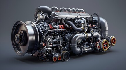 Fototapeta premium Advanced 3D visualization of a heavy-duty engine with exploded views of the turbocharger and intercooler system