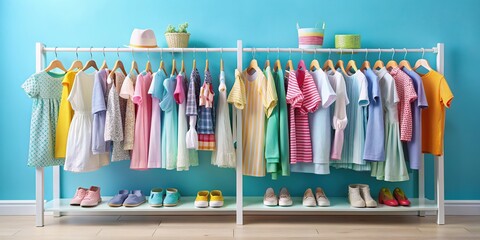 Colorful array of kids' apparel, including dresses, t-shirts, and pants, neatly organized on a white rack against a soft, pastel blue background.