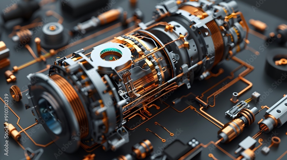 Poster complex 3d model of an electric motor with exploded views showing the intricate wiring and component
