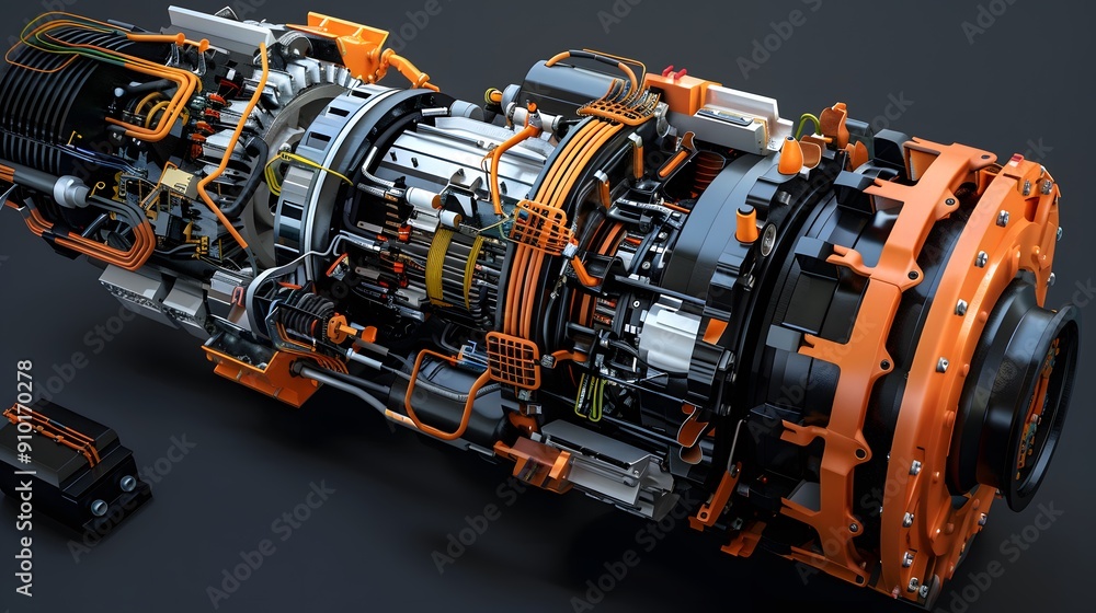 Poster complex 3d model of an electric motor with exploded views showing the intricate wiring and component