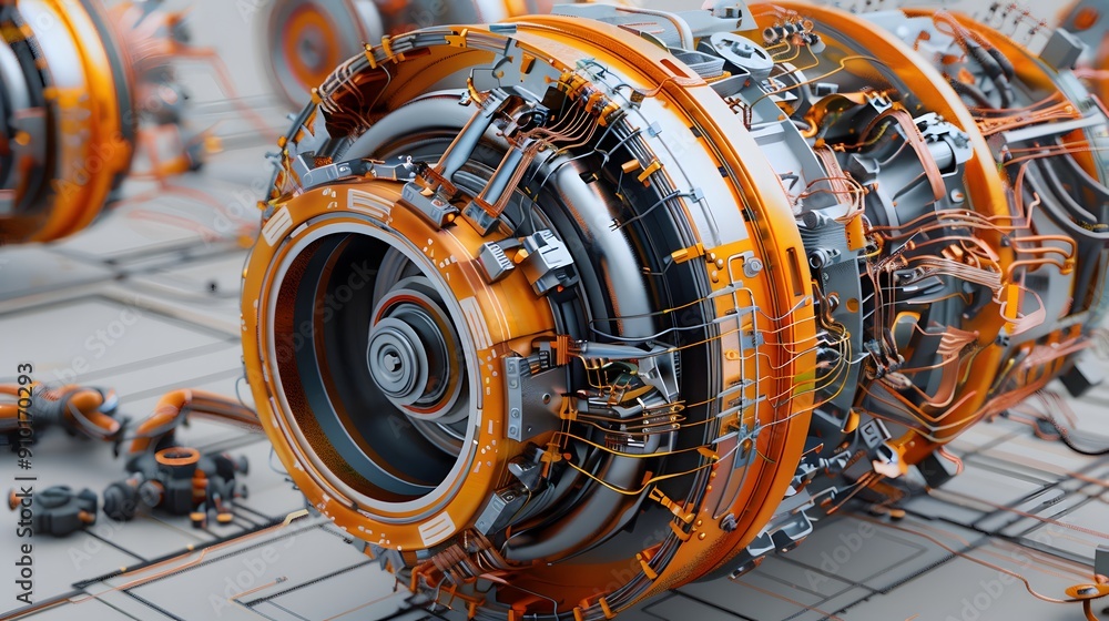 Poster complex 3d model of an electric motor with exploded views showing the intricate wiring and component