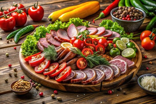 Tempting arrangement of sliced meat and fresh vegetables on a rustic wooden table, evoking traditional Turkish cuisine and culinary expertise in a cozy cafe setting.