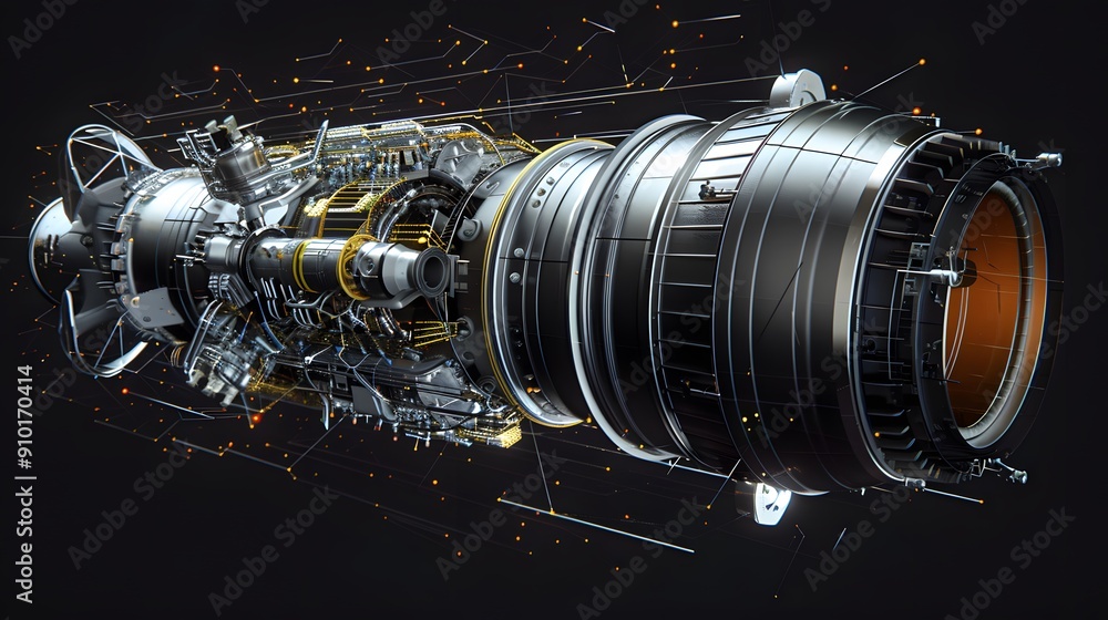 Aufkleber complex 3d visualization of a multi-stage rocket engine with parts floating apart, showcasing the th