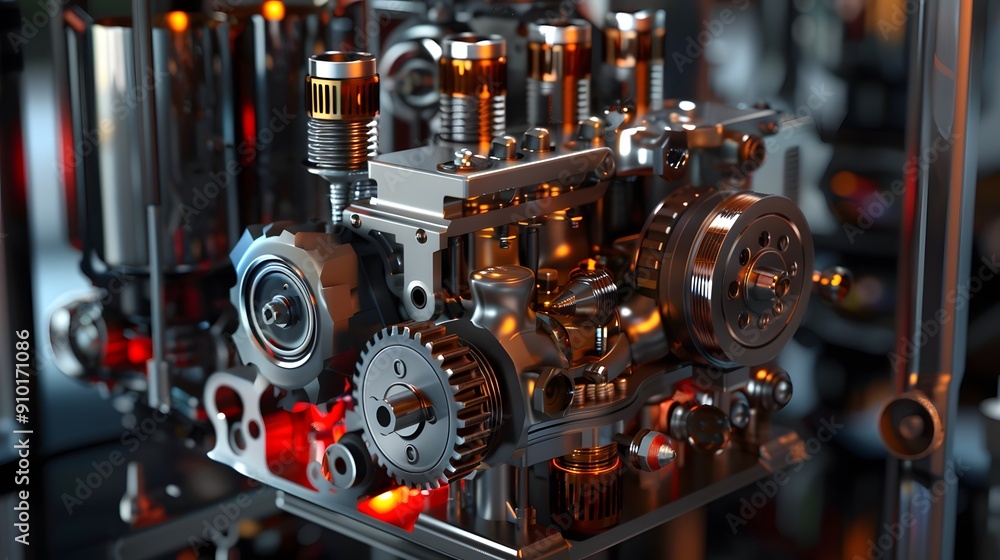 Poster detailed 3d schematic of a vintage engine with floating parts showcasing the timing gears and distri