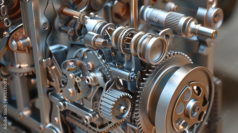 Poster detailed 3d schematic of a vintage engine with floating parts showcasing the timing gears and distri