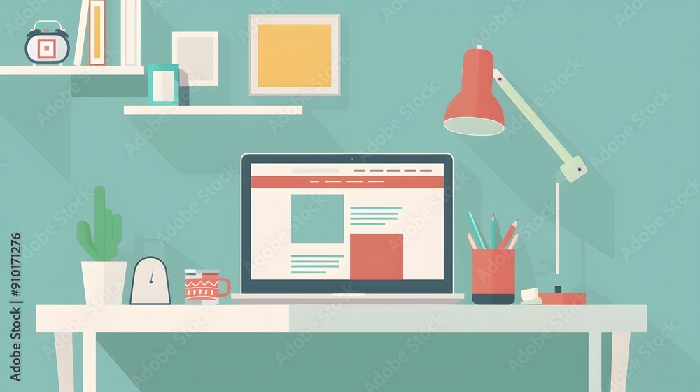 Poster flat vector illustration of modern minimalist workspace with laptop on modern desk. the web page sho