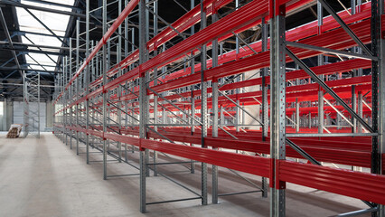 logistics warehouse concept with empty high pallet racks, shelving system