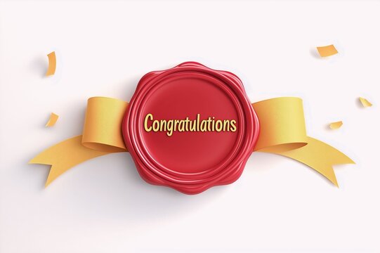 A red seal with "Congratulations" text and a yellow ribbon on a white background, perfect for celebrating achievements and milestones.