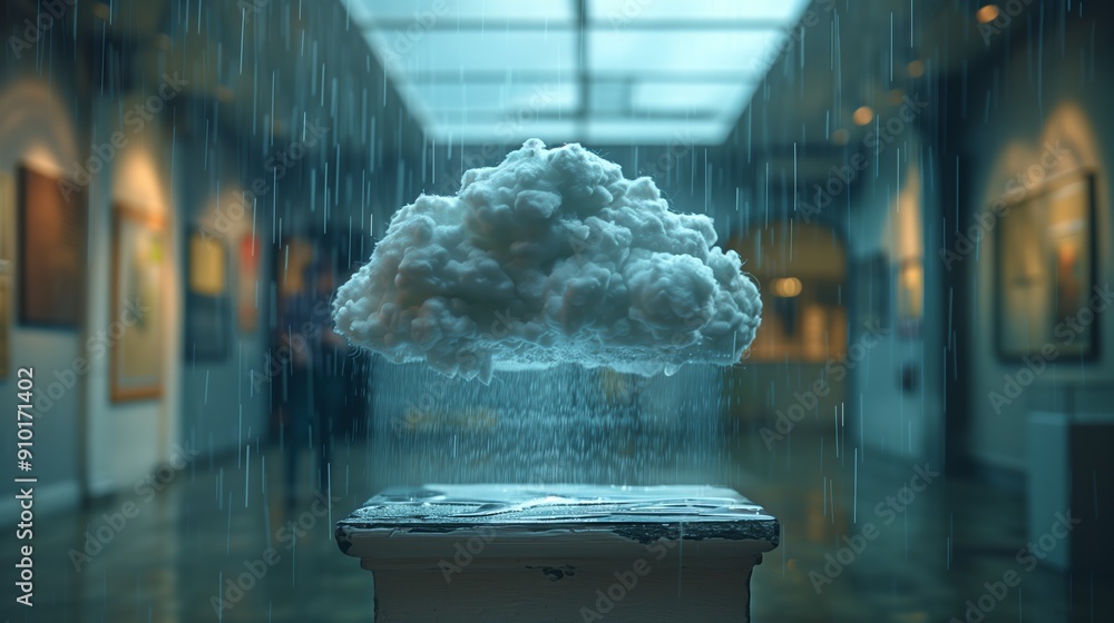 Poster cloud installation displaying rainfall inside modern art gallery setting during daytime