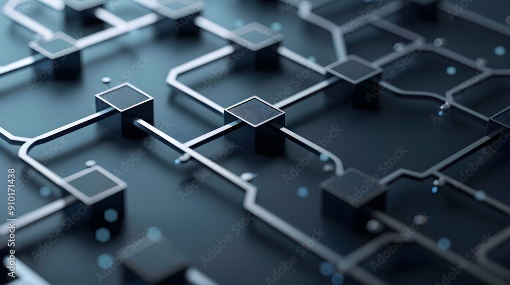 Poster a close up of a black and silver electronic circuit board. the board is made up of many small square