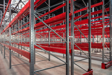 logistics warehouse concept with empty high pallet racks, shelving system