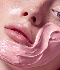Fototapeta premium Beautiful young natural woman with pink face cream 