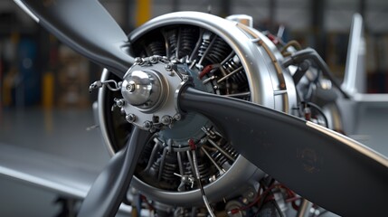 Fototapeta premium Highly detailed 3D model of a small aircraft engine, with explosive views of the propeller and fuel system components 