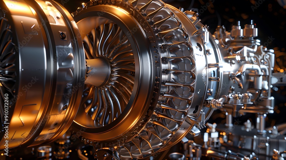 Poster intricate 3d rendering of an advanced gas turbine engine with floating parts highlighting the rotor 