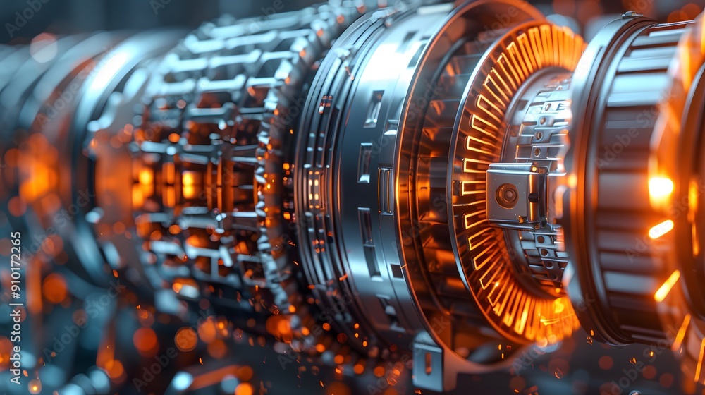 Poster intricate 3d rendering of an advanced gas turbine engine with floating parts highlighting the rotor 