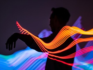 Stage manager directing a show, their figure intertwined with abstract visual elements, showcasing the fusion of art and technical prowess