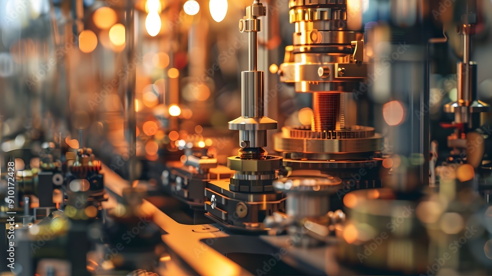 Poster miniature 3d mechanical factory assembly line producing tiny components