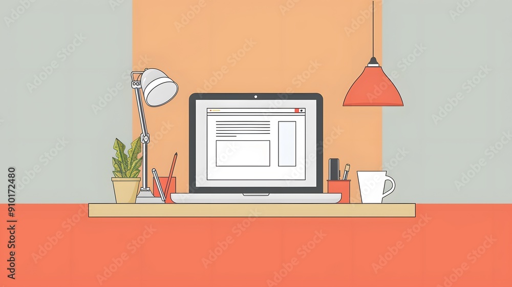 Poster flat vector illustration of modern minimalist workspace with laptop on modern desk. the web page sho
