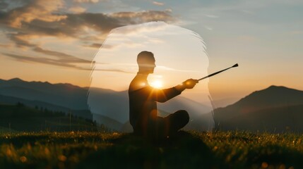 Painter with brushes, double exposure with serene beach scene, blending artistic passion with tranquil coastal vibes