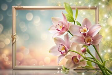 Elegant frame adorned with a lush cymbidium orchid and soft spring branch with flowers, set against a soothing gradient background, perfect for designs and presentations.