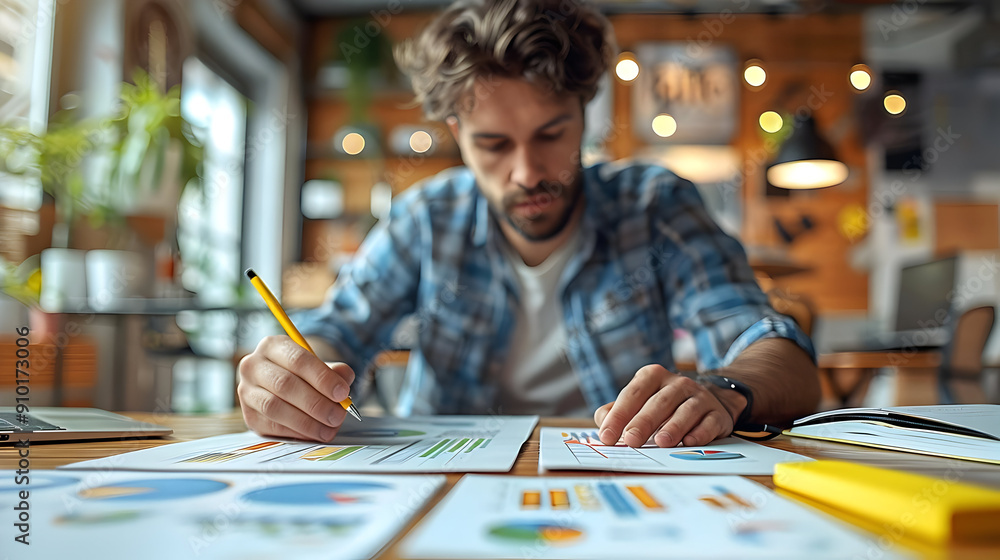 Poster man analyzing data charts with pencil - photo
